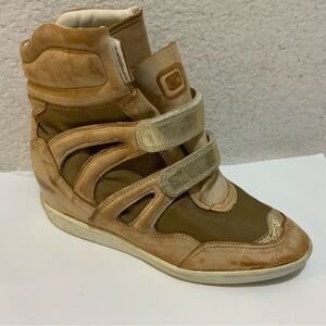 Monica Corte Distressed Leather & Textile Wedge Heel Sneakers US 9